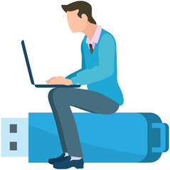 Fototapeta na wymiar Business man with laptop sitting on usb flash drive digital device. Freelancer or office worker works with data. Programmer creates files with information and writes them to temporary storage