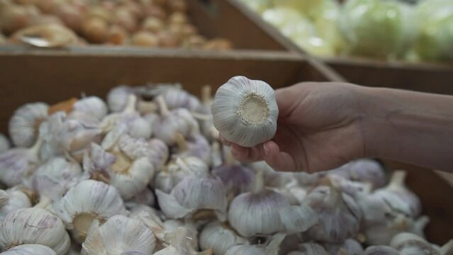 Woman customer choosing garlic at the supermarket store. Girl looking vegetables at a grocery showcase comparing product. 
