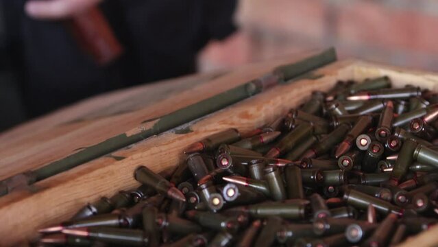Ammunition for ak47 in 7,62 caliber, gun crime, war bullet weapon, bullet shells, shell gun ammunition, Close up shell gun ammunition