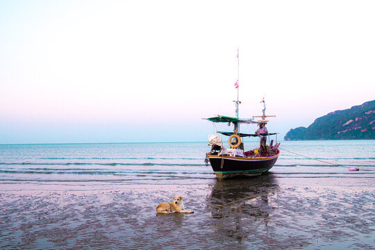 Panorama  scenatic  view of seascape  with trsditional fishing boat and beautiful blue ocean South East Asia Thailand