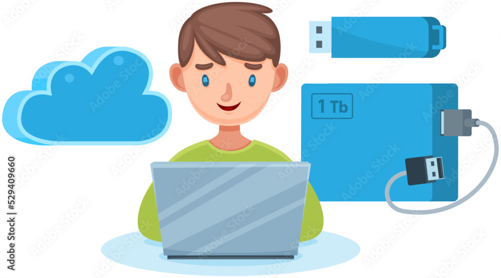 Poster man sitting using laptop working in field of cloud storage, save information to flash drive. chattin