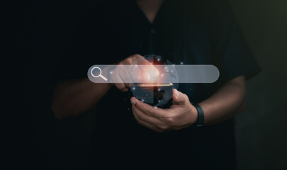Searching information data on internet concept. Men use smartphones to search online society web with search box icon and copyspace. find what they are interested.