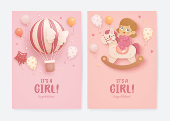 Set of baby shower invitation with cartoon girl, horse, hot air balloon, helium balloons and hearts on pink background. It's a girl. Vector illustration
