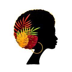 beautiful African american girl with floral in her hair. Bright flowers and leaves without background PNG