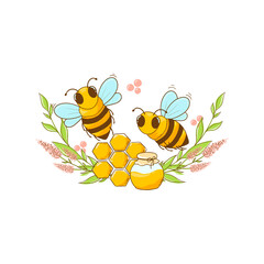 Honey bee, print with bees honey grass and flowers for fabric, dishes, T-shirts, paper. Without background.