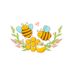 Honey bee, print with bees honey grass and flowers for fabric, dishes, T-shirts, paper. Without background.