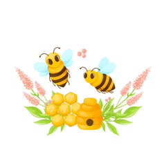 Honey bee, print with bees honey grass and flowers for fabric, dishes, T-shirts, paper. Without background.