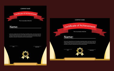 Red and gold certificate of achievement template set with gold badge and border. For award, business, and education needs