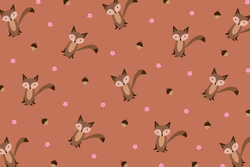 Cute fox  with acorn pattern isolate on brown background. Creative for print, screen, wallpaper, textile or cover.Vector.Illuatration.