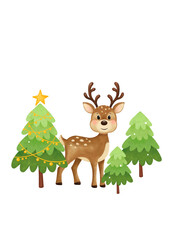 Merry christmas and happy new year greeting card. Cute deer, trees, stars, snow. Cute merry christmas card for family. 