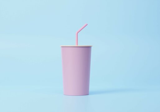 Paper, plastic beverage cup with tube for soda, juice, coffee, tea. Fast food. 3d rendering icon. Cartoon minimal style.