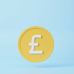 Gold pound sterling coin. Currency exchange, finance and investment concept. 3d rendering icon. Cartoon minimal style.