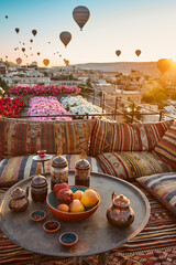 Balloons in rose valley, Cappadocia. Sunrise in Goreme. Turkey