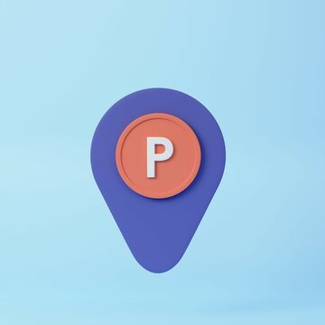 Location mark, destination pointer with letter P, parking sign. 3d rendering icon. Cartoon minimal style.