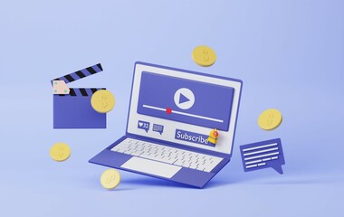 Passive income concept. Creative social media mobile modern playing video make money, video marketing, coins ,banner ,copy space, 3d render illustration