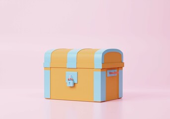 3D Chest golden icon on pink background. Open treasure box coffer concept. Cartoon minimal cute smooth. 3d rendering illustration