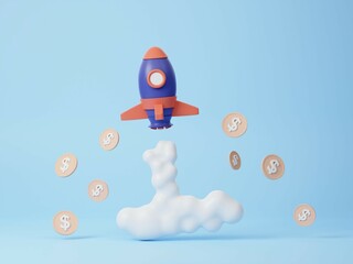 Naklejka na ściany i meble Business investment start-up concept. Spaceship rocket spewing smoke and coins floating. future innovation on sky blue background. cartoon minimal cute smooth. 3d render illustration