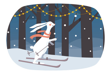 Cute white hare in a red scarf is skiing in winter forest. Bunny skiing in the Christmas park.