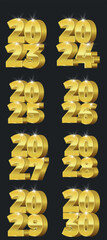2023 symbol golden metallic 3d-illustration, Happy new 2023 year Elegant gold text with light. 2024, 2025, 2026, 2027, 2028, 2029, 2030.