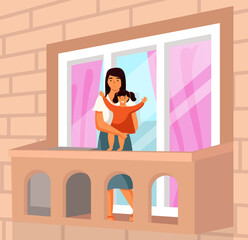 Fototapeta premium Mother holding her baby in hands standing on balcony. Motherhood, parenting, baby care, mother care. Indian female character with little child smiling happy girl looking out into street from porch