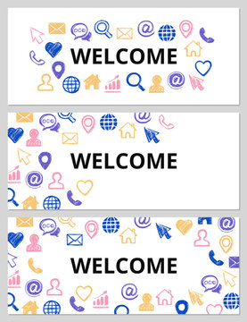 Welcome Banner Set Of Colored Network Icons. Hand-drawn By Brush. Texture Grunge Style. Home, Favorites, User, Email, Search, Pin, Internet, Phone Call, Arroba, Cursor Icons.