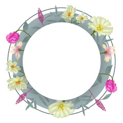Round frame with flower buds. Postcard, wedding invitation. Vector illustration