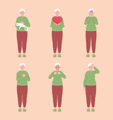 Senior women with different moods semi flat color vector characters set. Editable figure. Full body people. Simple cartoon style illustration for web graphic design and animation collection