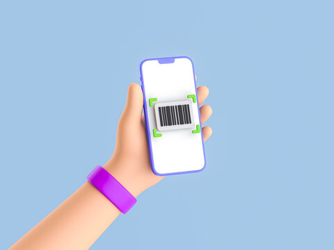 Cartoon hand with Mobile phone scanning Barcode. Bar code scan to smartphone. Qr code for payment. Verification. 3d render