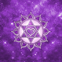 Anahata, heart chakra, lotus flower, buddhism, hexagram, merkaba, purple shape on galaxy background