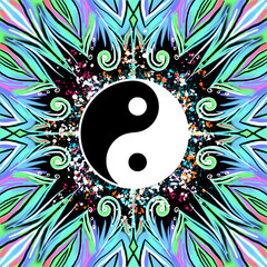 Yin Yang, mandala, Chinese symbol, Taoism, duality, polarity, colorful, square background