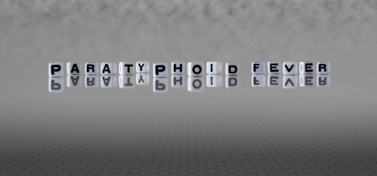 paratyphoid fever word or concept represented by black and white letter cubes on a grey horizon background stretching to infinity
