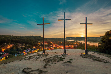Kazimierz Dolny on the Vistula River. Sunset view from the Three Crosses Mountain the best known attraction of Kazimierz Dolny, Poland