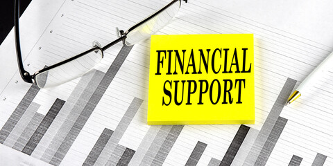 Word FINANCIAL SUPPORT on a yellow sticky on the chart background