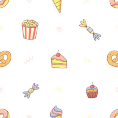 Seamless pattern with fast food in cute kawaii doodle style. Popcorn, cake, candy, cupcake, bagel, ice cream, donut. Vector junk food illustration background.