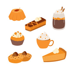Set of pumpkin pie, latte, sweet cupcake or pastries, hot drinks, cappuccino isolated on white background. Collection of food and drink hand drawn vector illustration.