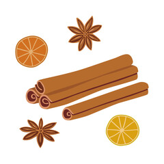 Set with cinnamon, dried orange and anise isolated on white background. Cartoon spice vector illustration for autumn and winter holiday decoration, menu.
