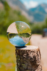 Crystal ball alpine landscape shot at the famous Gramai Alm, Achensee, Tyrol, Austria