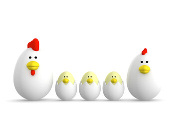 Egg shaped chicken family, 3d illustration 