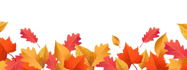 Autumn seasonal background with long horizontal border made of falling autumn golden, red and orange colored leaves isolated on transparent background. Hello autumn png illustration - obrazy, fototapety, plakaty