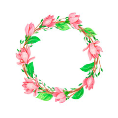 Fototapeta na wymiar Round frame with watercolor magnolia flowers, wreath. Wreath of flowers and leaves. For wedding invitations, greeting cards, party invitations.