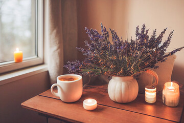 Autumn hygge home decor arrangement, concept of hygge and coziness, burning white fragrance candle