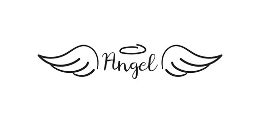 Obraz premium Angels wings with halo. Hand drawn vector feather angel. Handdrawn sketch feathers bird
