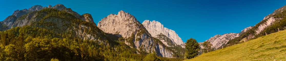 Beautiful alpine summer view at the famous Kaiserbachtal valley, Saint Johann, Wilder Kaiser, Tyrol, Austria