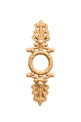 Metal vintage old door handle with gold color plant carving on a brown door