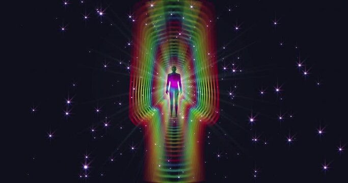A looped 3D animation of the enlightenment of the multi-colored energy of the human aura fields forming diverging patterns around the meditating person. Video for VJing