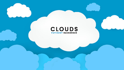 Fluffy clouds on blue sky background. Vector illustration. Paper cut style