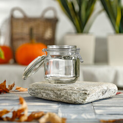 Autumn, a wooden table, uplifts and a free seat in the morning light, October time