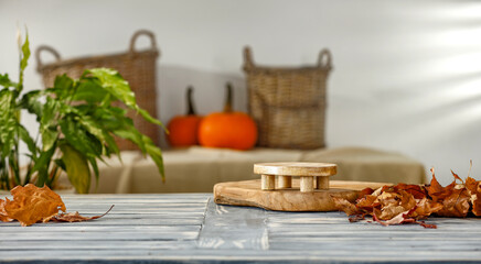 Autumn composition in the interior of the kitchen, on a beautiful morning and free space