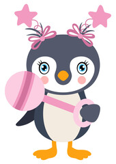 Cute baby girl penguin holding a baby rattle toy