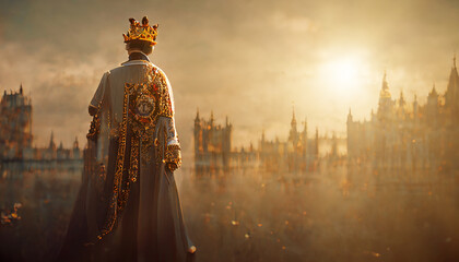 The new King of the United Kingdom hailed by the crowd of England, in the crowning ceremony. 3D illustration, digital art watercolor painting. - obrazy, fototapety, plakaty